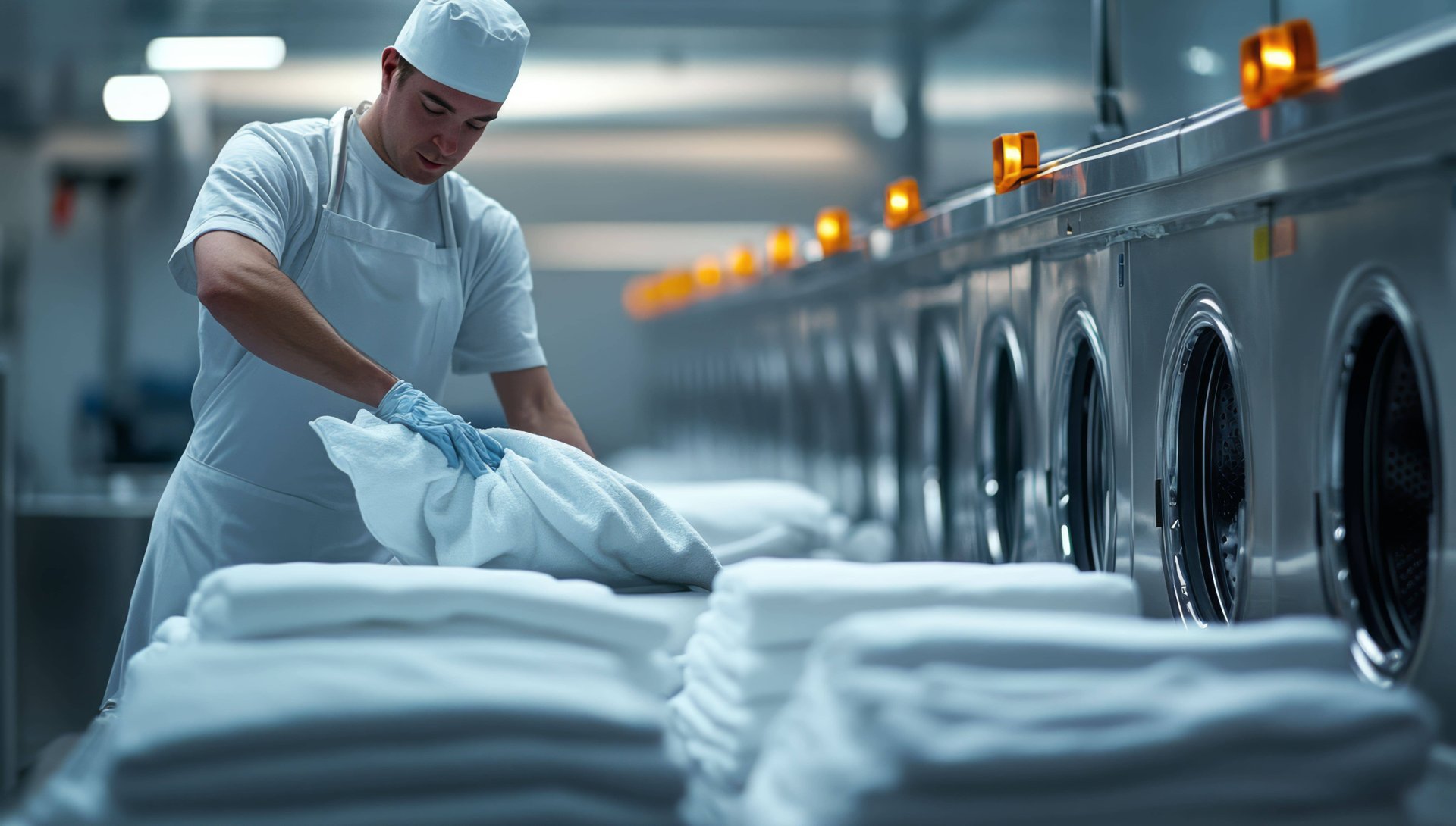 Laundry worker loading white linens into industrial washing machines at commercial facility