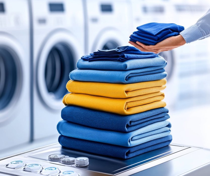 Hand stacking colorful folded clothes in blue and yellow on laundry machine